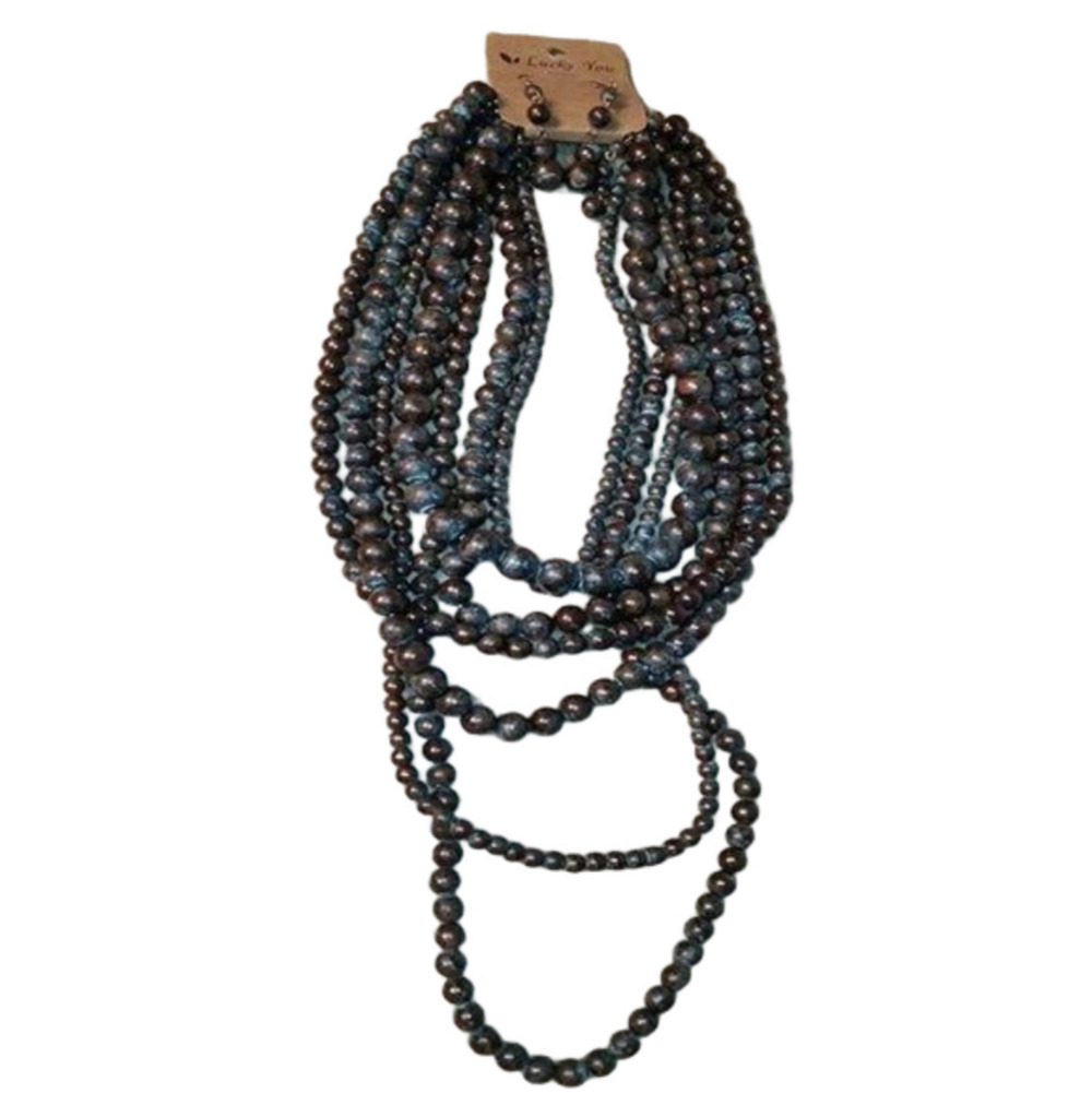 Nwt Lucky You Antiqued Wood Jewelry Set Necklace Earrings Statement Rustic Beads